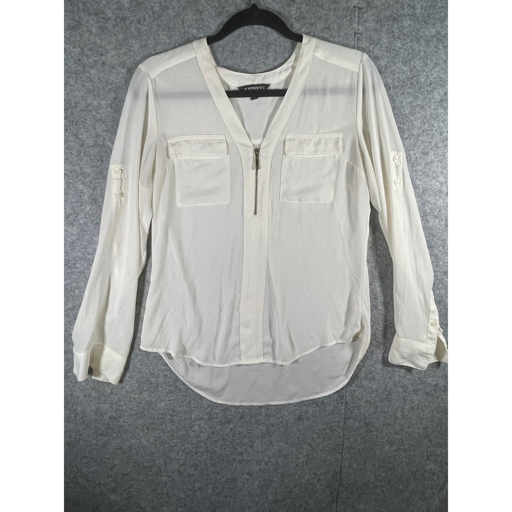 Express Womens White V-Neck Zip Front Roll Tab Long Sleeve Blouse Size S